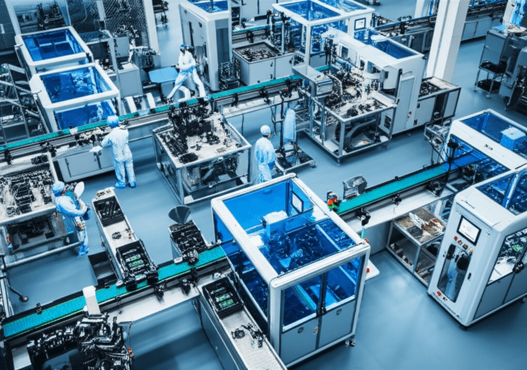 Linha de produção industrial com sistemas de codificação aplicados em embalagens